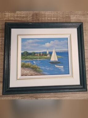 Vtg C. Jaffey Original Oil Painting - Sailboats in Bay 16x13 Hunter Green & Gold